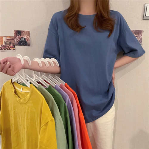 Real shot short sleeve T-shirt summer female Korean student loose half sleeve solid color versatile top