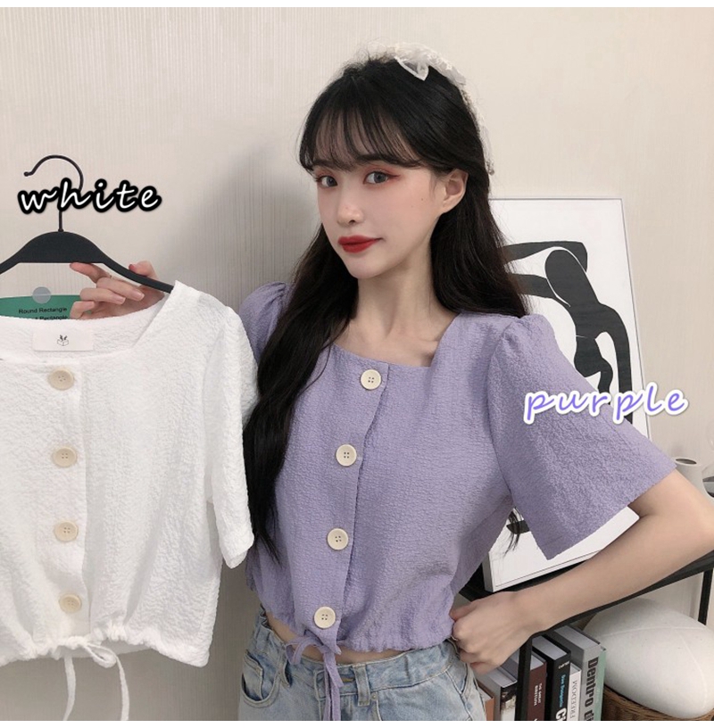 Korean fashion woven square neck French bubble sleeve solid color short sleeve creative button design women's top