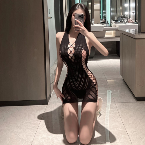Real shot ~ Sexy nightclub dark Department hollow out perspective V-neck tight slim fit bag hip ultra short dress women's summer