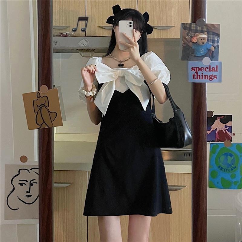 Summer 2022 New Retro French design, bow stitching, square neck, slim waist, short sleeve dress, women