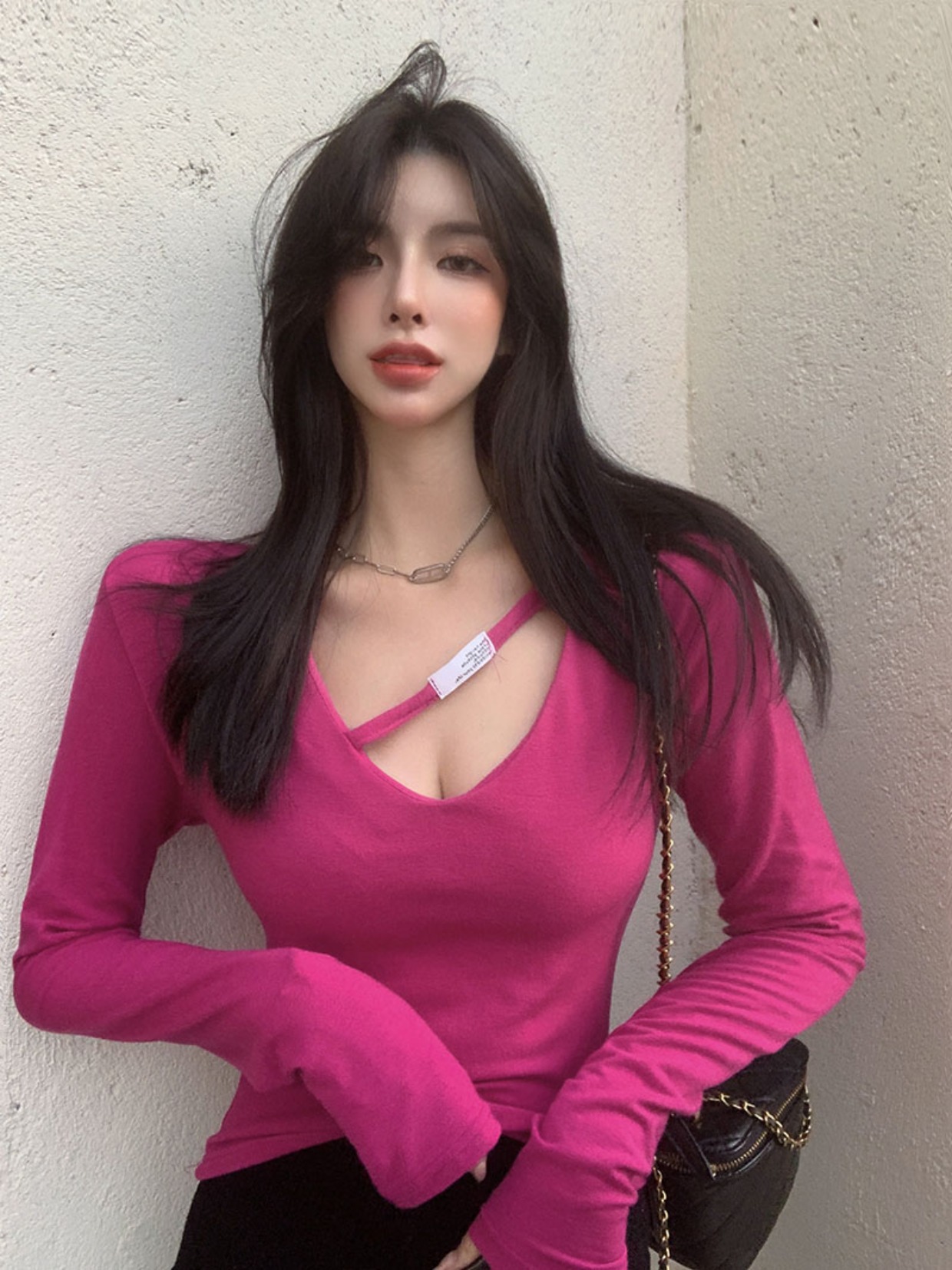 Real price foreign style collar long sleeve shirt women's early spring slim fit short soft waxy bottom shirt
