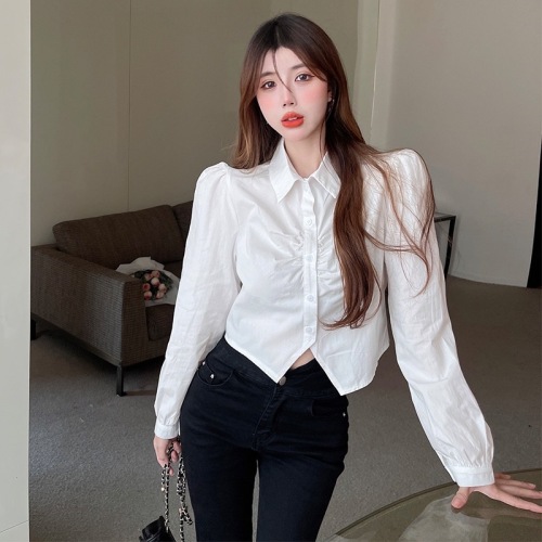 Shirt women's short design sense of minority white pleat irregular long sleeve shirt high sense chic top in spring