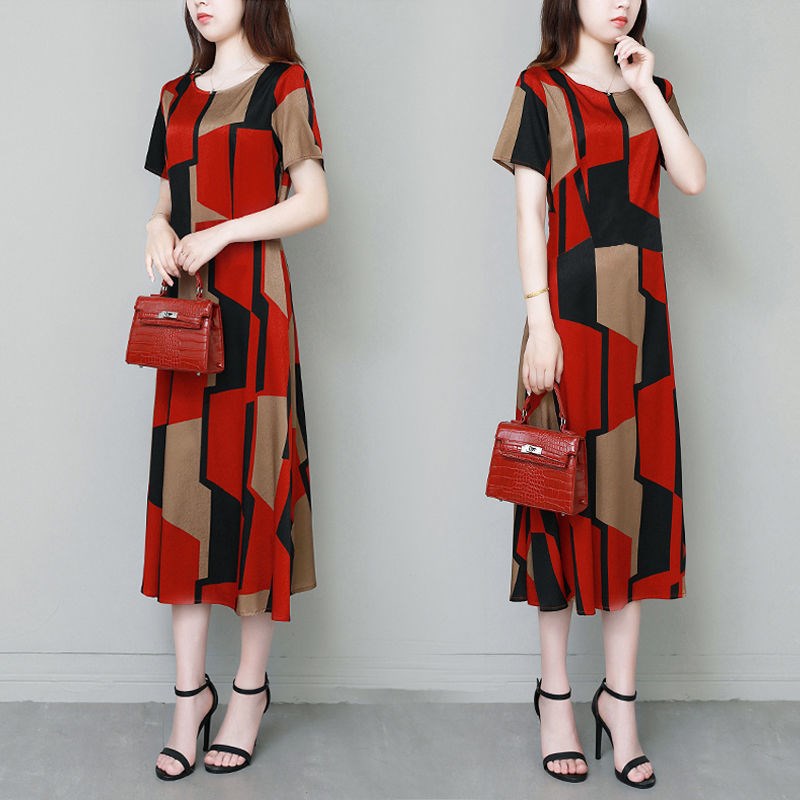 Official picture large mother's dress loose and thin temperament women's printed short sleeved middle-aged and elderly dress noble and fashionable