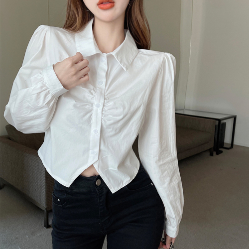 Shirt women's short design sense of minority white pleat irregular long sleeve shirt high sense chic top in spring