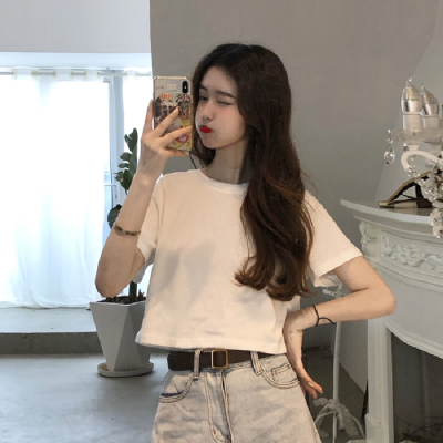 Net red ins short T-shirt girl's sense of versatility exposed navel solid color half sleeve top elegant style loose short sleeve T-shirt