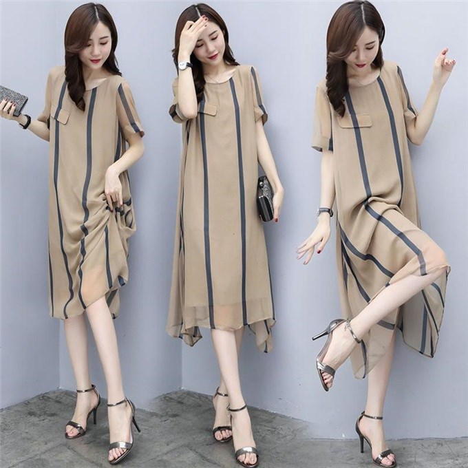 Dress women's summer 2022 New Stripe Print loose short sleeve medium length skirt large A-line heart machine skirt