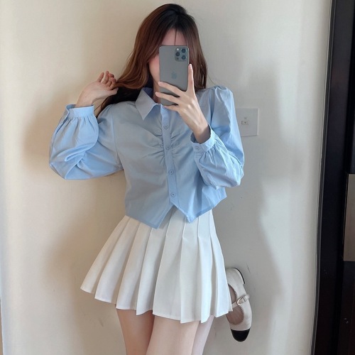 Shirt women's short design sense of minority white pleat irregular long sleeve shirt high sense chic top in spring