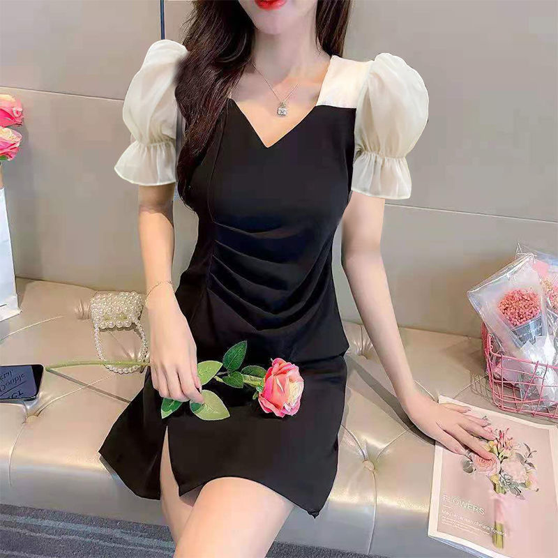 Summer slim women's dress with black sleeves 2022
