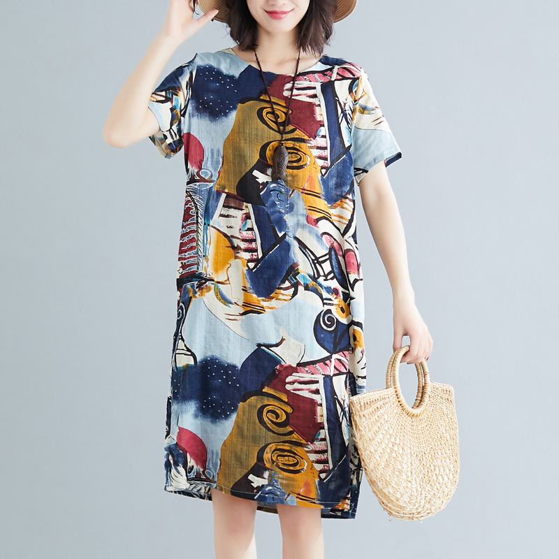 Ethnic style printed short sleeved cotton linen dress for women in 2022 summer Vintage loose belly covering medium and long skirt