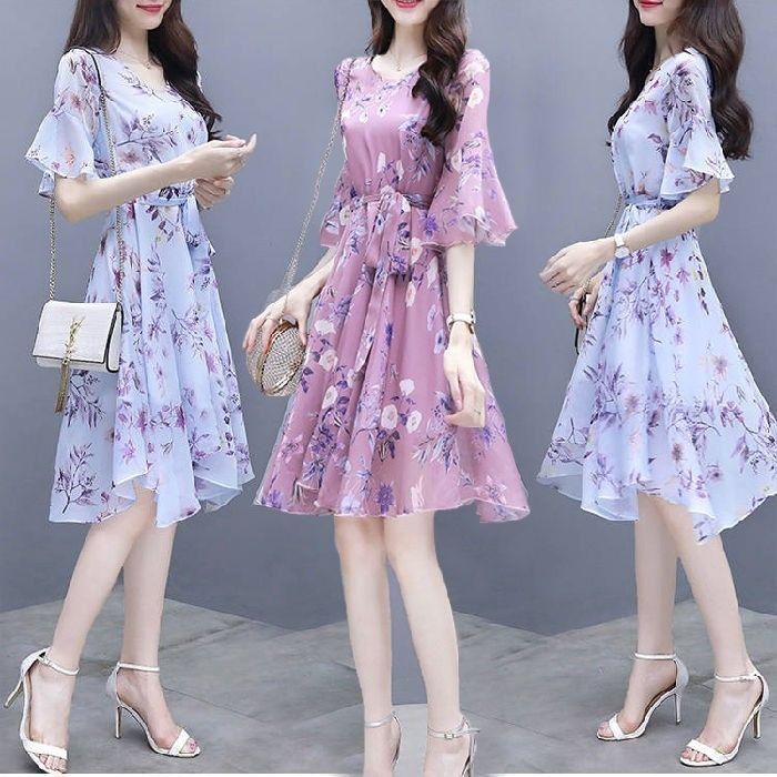 Dress female summer new Korean long skirt with thin waist fairy skirt short sleeve medium long skirt
