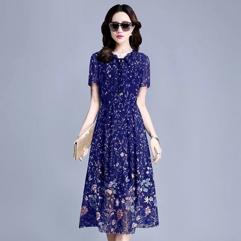 Ice silk skirt spring and summer new print middle-aged and elderly mother dress medium length