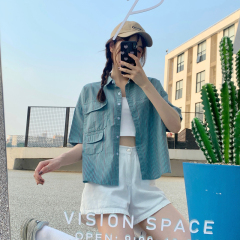 Real shooting new loose and thin polo collar stripe 5-sleeve shirt women's design sense niche shirt