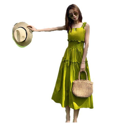 2022 new spring, summer and autumn Avocado Green Dress forest suspender small fresh super fairy vest French skirt