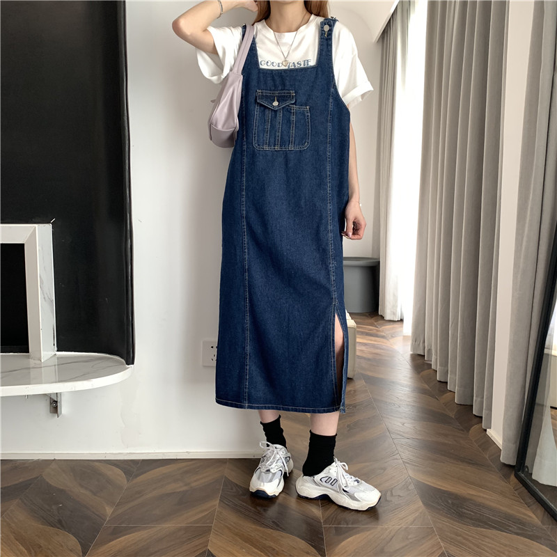 Suspender skirt female spring and summer 2022 new foreign style aging fashion student medium and long denim dress