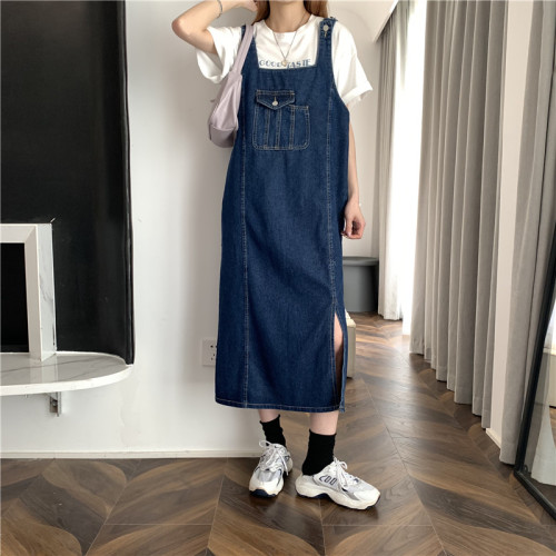 Suspender skirt female spring and summer  new foreign style aging fashion student medium and long denim dress
