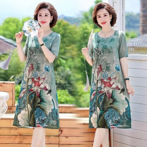 Mother's summer chiffon dress new middle-aged women's foreign style short sleeve middle-aged and elderly summer dress