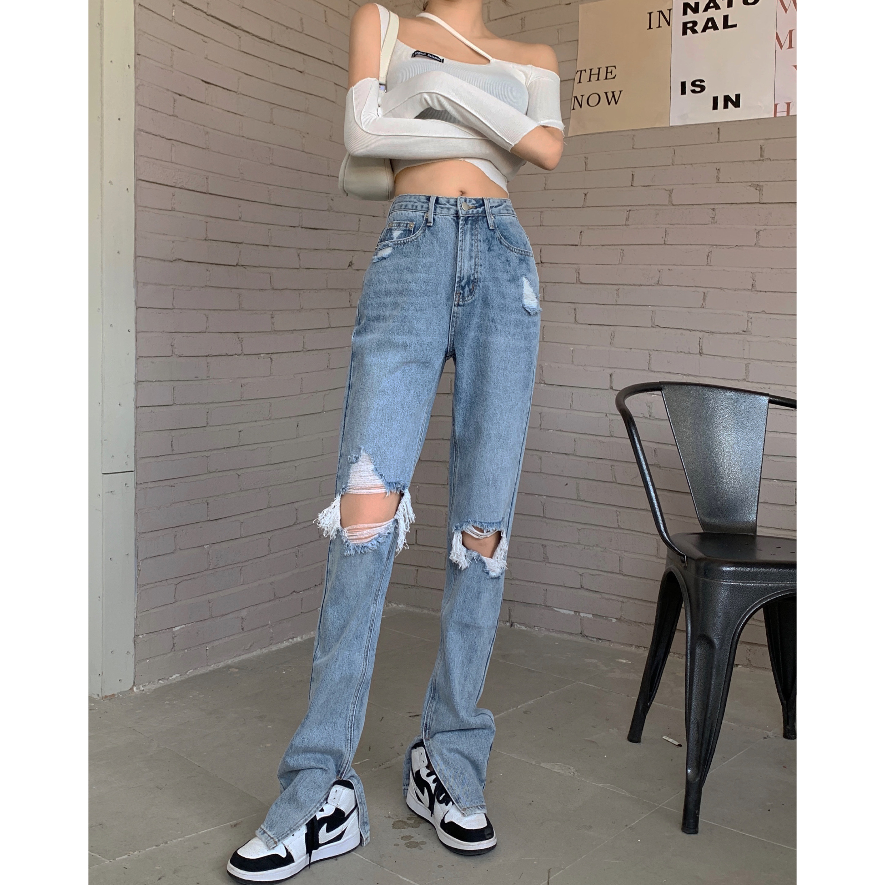 Real price! Retro High waist design sense of minority hole opening and fork denim pants floor dragging straight pants