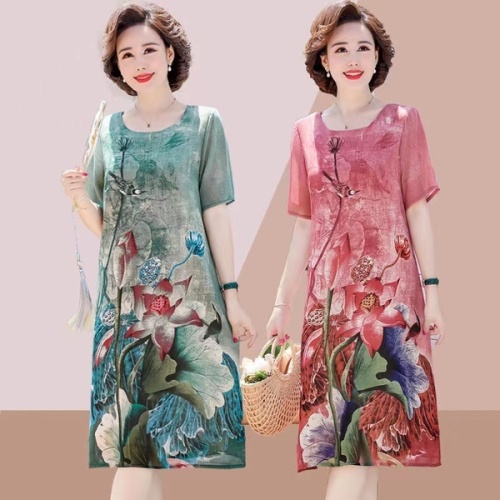 Mother's summer chiffon dress new middle-aged women's foreign style short sleeve middle-aged and elderly summer dress