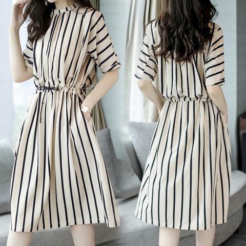 Vertical stripe dress women's summer Korean version waist closing temperament fashion casual loose medium length style