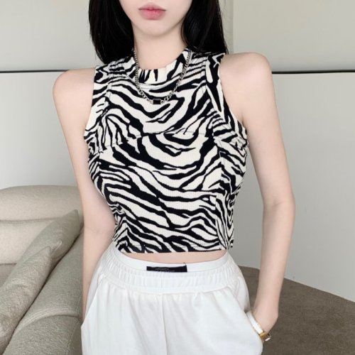 Vintage and versatile Plaid zebra round neck sleeveless vest short open navel bottomed shirt women's top