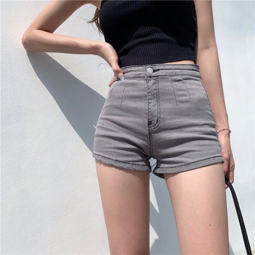 Real shot real price European and American Spice Girl Style elastic medium high waist versatile thin denim shorts