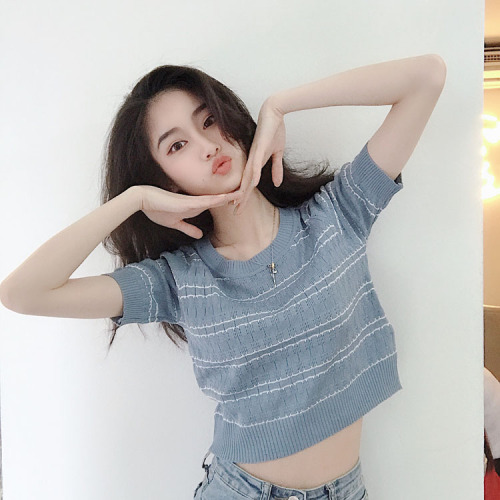 Short sleeved striped T-shirt women's summer new Korean ice silk knitted bottomed shirt student T-shirt