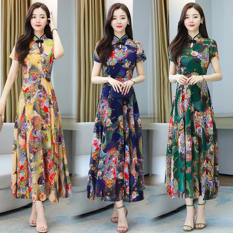 2022 summer new cheongsam button dress women's long large skirt print thin middle-aged mother's dress