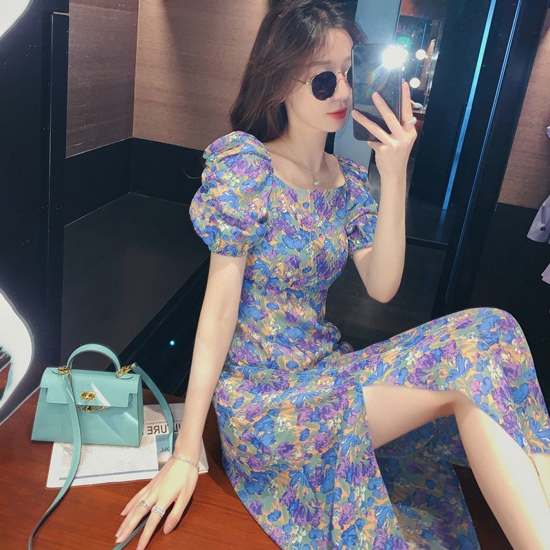 2022 new summer puffy dress with long sleeves and split hem