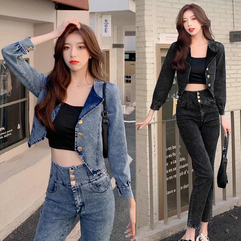 Real shooting fashion suit women's high waist slim fit denim Leggings Harlan pants two-piece suit collar short style