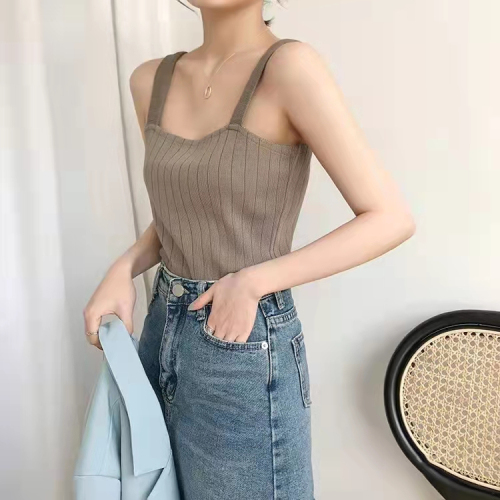  spring and summer new leisure simple style solid color vertical pattern short bottomed suspender vest Knitted Top Women