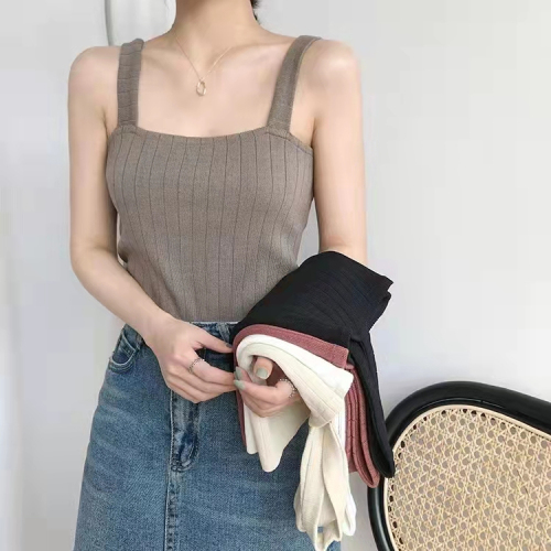  spring and summer new leisure simple style solid color vertical pattern short bottomed suspender vest Knitted Top Women