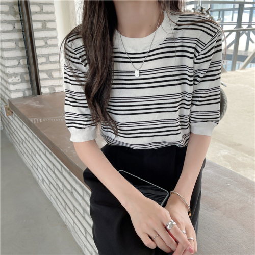 Real shot real price loose round neck Vintage ice stripe sweater thin short sleeve loose T-shirt
