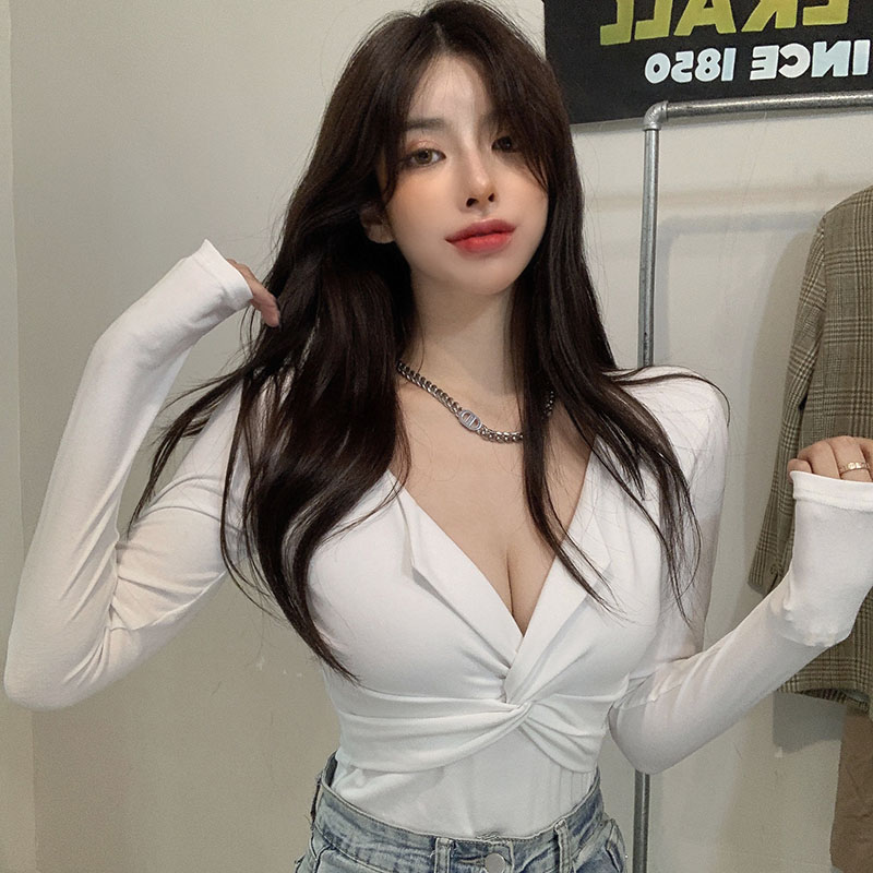 Real price! Cross pleated design V-Neck long sleeve T-shirt women's slim sexy inner bottom shirt 1398