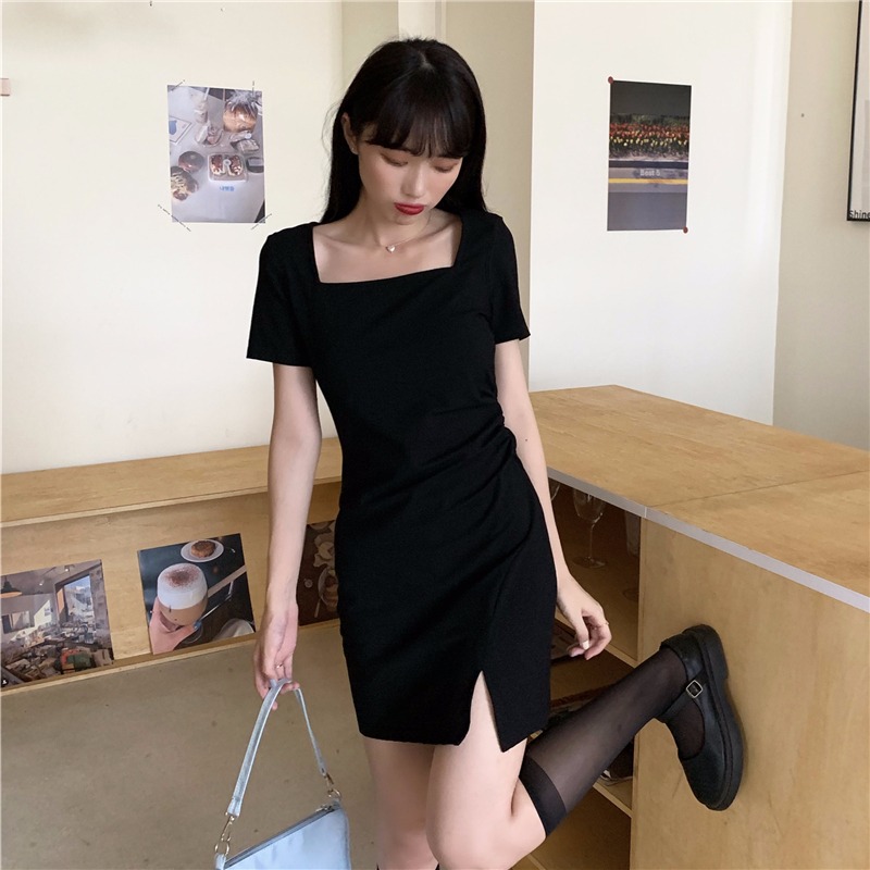 Actual shooting of the new Korean version of cotton spandex small black skirt, female summer retro Hepburn style square collar student shirt