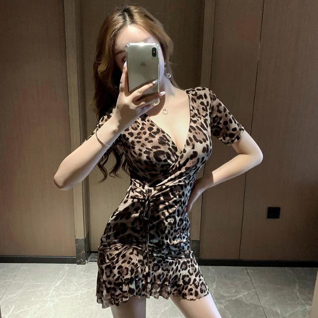 Night Sexy Leopard V-neck dress 2022 fashionable cross irregular dress gas temptation skirt