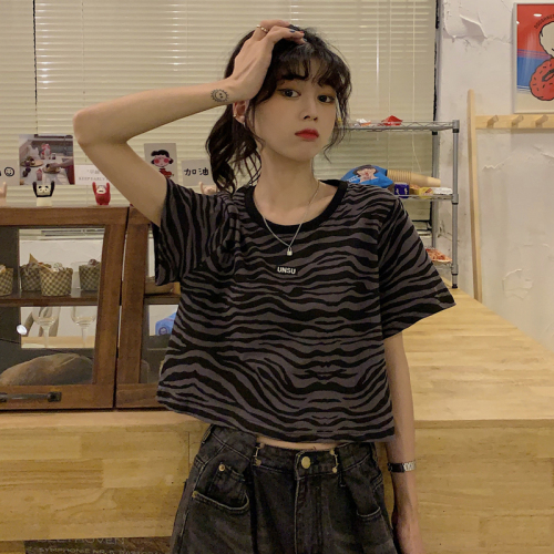 Real shot real price Black Zebra Shirt New Summer Korean version dark Department short loose round neck short sleeve female