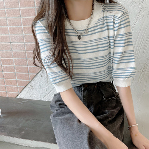 Real shot real price loose round neck Vintage ice stripe sweater thin short sleeve loose T-shirt