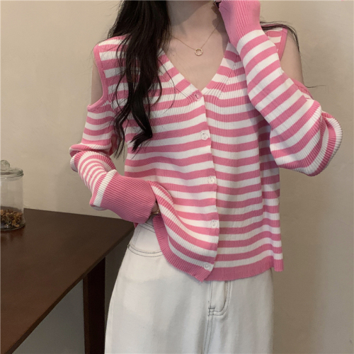 Real price striped V-neck off shoulder long sleeve knitted cardigan women's coat