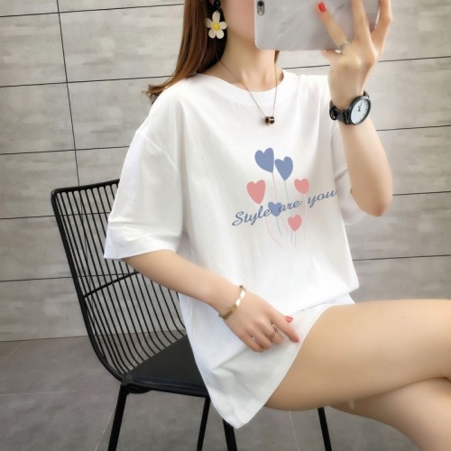 Combed cotton loose oversized medium and long summer clothes new pure cotton round neck short sleeve shirt women's foreign trade