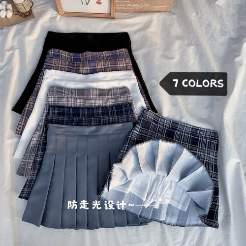 Real shooting high waist Plaid pleated skirt female spring and summer college wind band LINED SKIRT A-shaped black short skirt