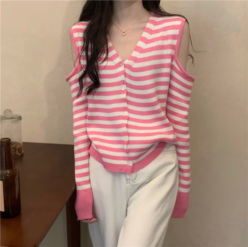 Real price striped V-neck off shoulder long sleeve knitted cardigan women's coat