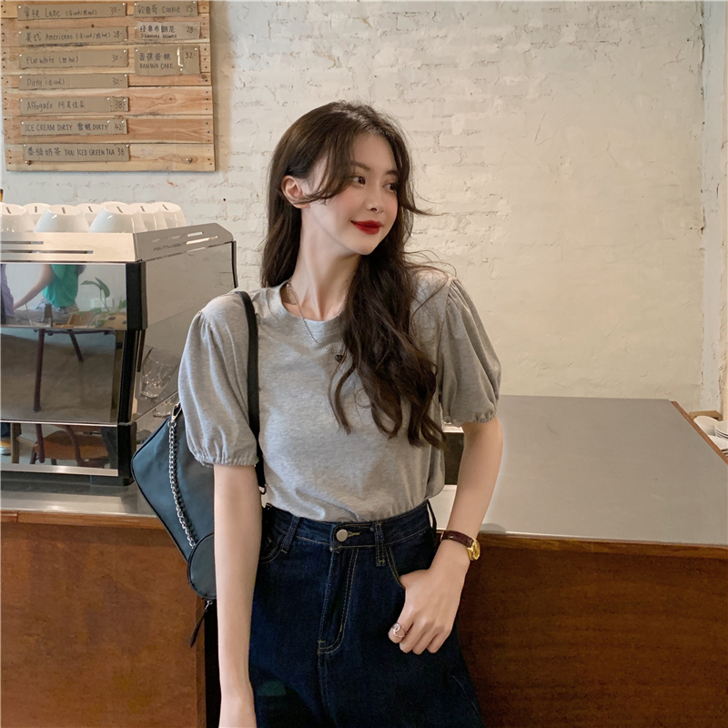 Korean fashion summer clothes new loose solid color bubble sleeve cotton shirt design sense short women's top