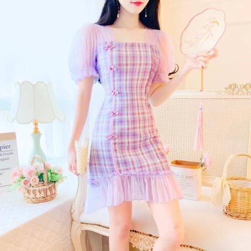 2022 summer modified cheongsam young girl's straight shoulder square neck bubble sleeve lady's small dress