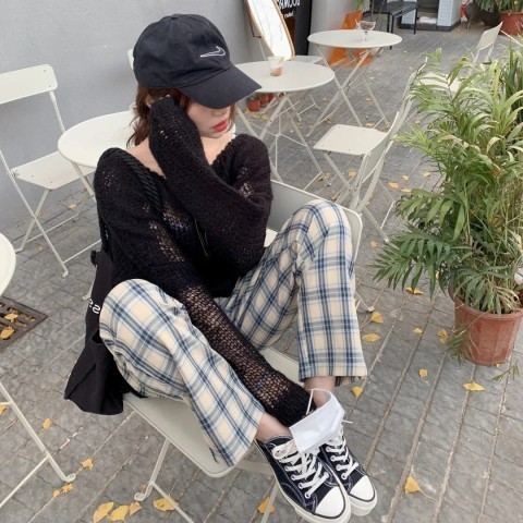 Plaid pants children's loose straight tube high waist hanging feeling  new spring and autumn thin summer leisure Plaid wide leg pants