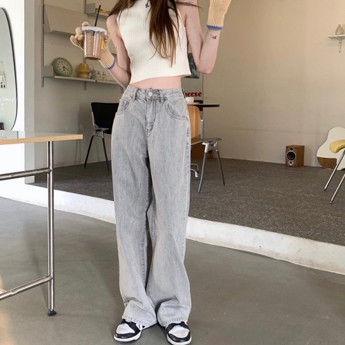 Real price spring cement grey retro straight tube loose denim trousers women