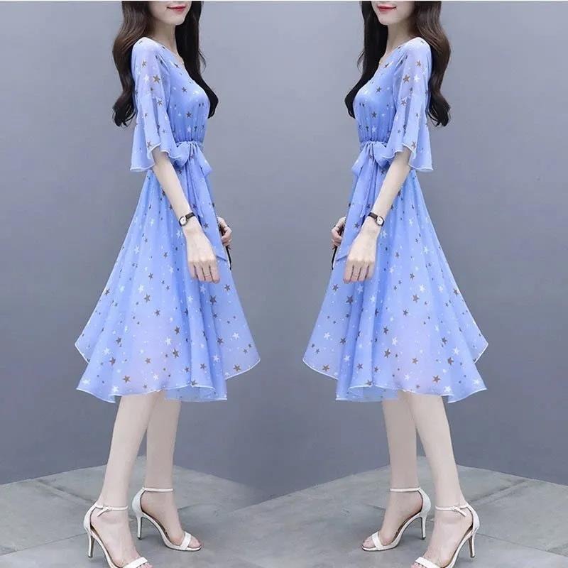 Short sleeved dress women's summer 2022 new print gas is thin, half sleeved cold wind super fairy gentle skirt