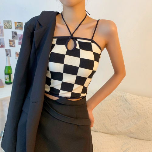Real shot spring and summer net red checkerboard vest suspender new sexy versatile Korean inner top