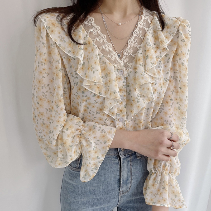 New fresh V-neck Ruffle lace stitched Chiffon Floral Shirt
