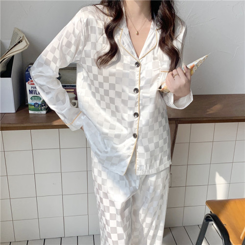 Real shooting of 2022 new style pajamas women's ice lattice can wear long sleeve suit, real silk two-piece home clothes