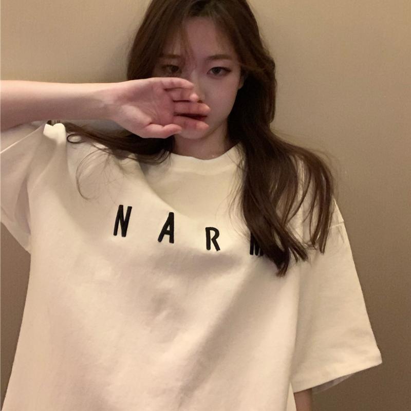 65 cotton white letter short sleeve T-shirt women's spring and summer 2022 Korean version new minority loose medium and long bottomed shirt